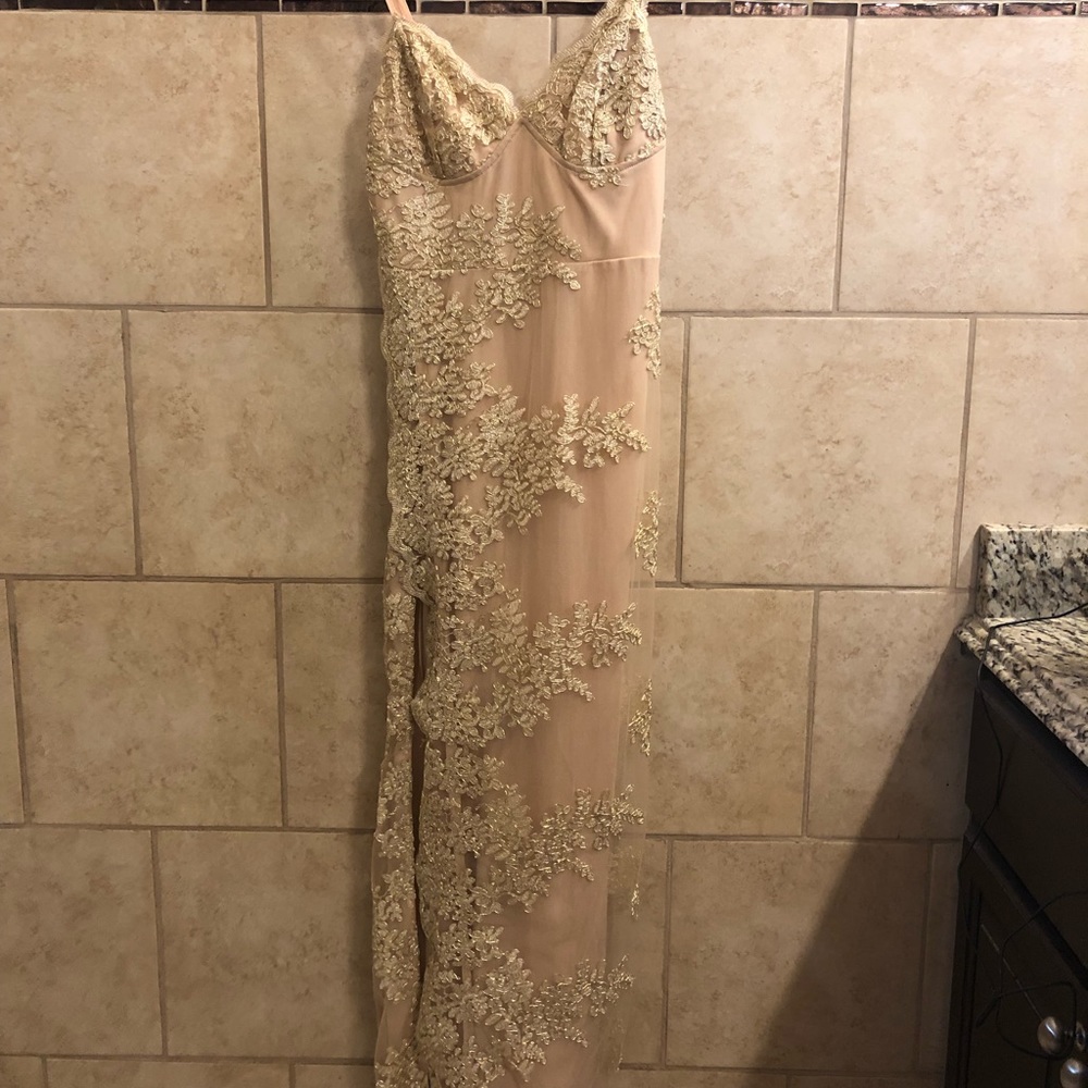 Gold/Nude long formal dress with slit